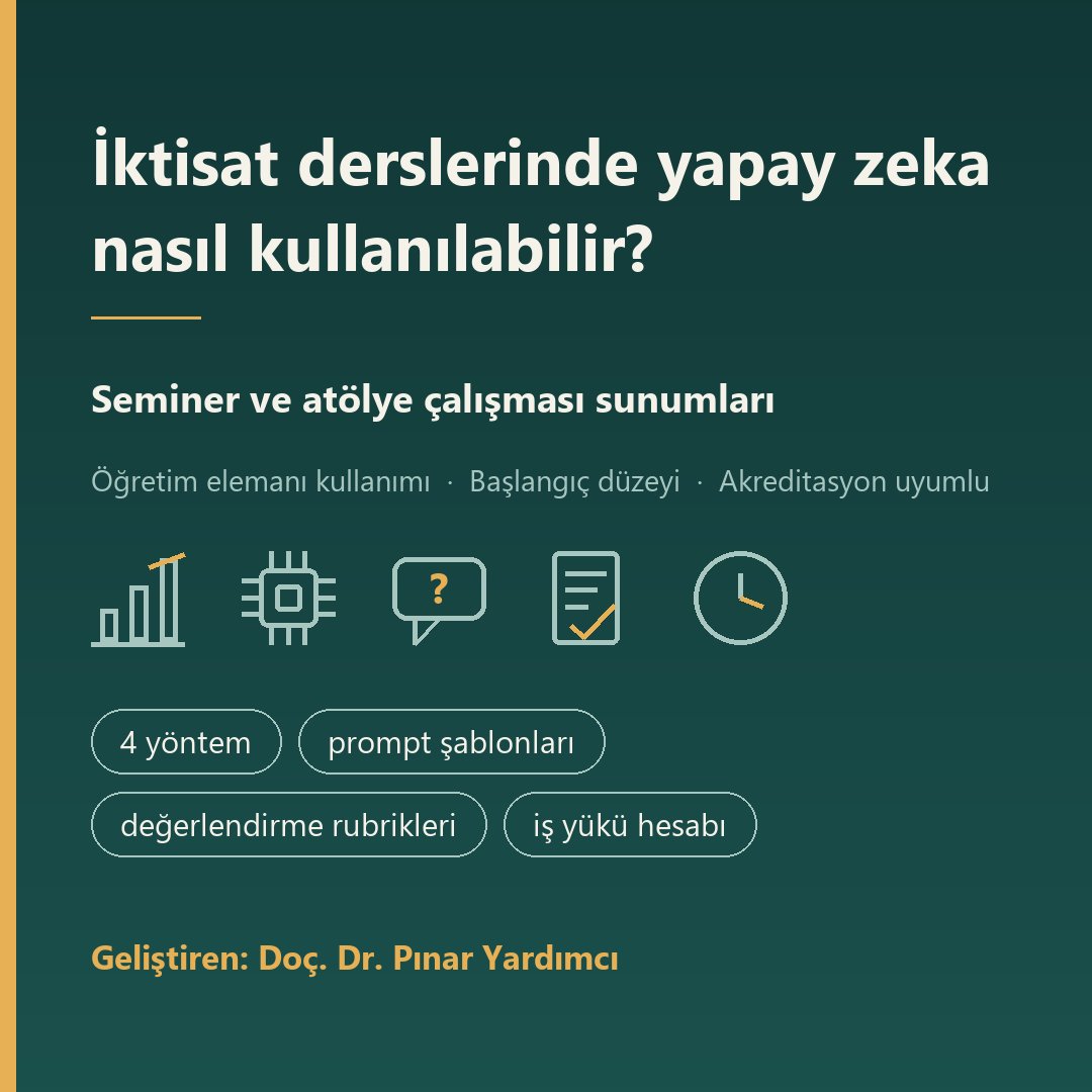 pyardimci2019's tweet photo. Bir seminer ve atölye çalışması için hazırladığım materyalleri aşağıdaki bağlantıda paylaştım. Başlangıç düzeyinde, öğretim elemanının ders hazırlığında kullanımına odaklanan dört yöntem, aşama aşama prompt şablonları, değerlendirme rubrikleri, iş yükü hesabı ve akreditasyon ölçütleriyle eşleştirme yer alıyor. Örnekler iktisat derslerinden seçilmiş olsa da yöntemler ve şablonlar alan bağımsızdır, başka bölümlerde de uyarlanabilir. Kaynak gösterilerek kullanılabilir.
https://t.co/O2Qm2V0XDe