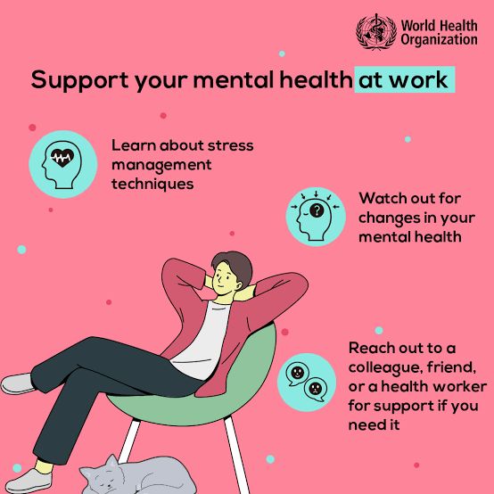 WHOSEARO's tweet photo. A healthy workplace supports both physical and mental well-being.

✔️ Learn healthy ways to manage stress.
✔️ Check in with yourself regularly.
✔️ Reach out to someone you trust if you need support.

Every conversation matters.

#MentalHealth #HealthyWorkplaces #Wellbeing https://t.co/GR8E18LnXf