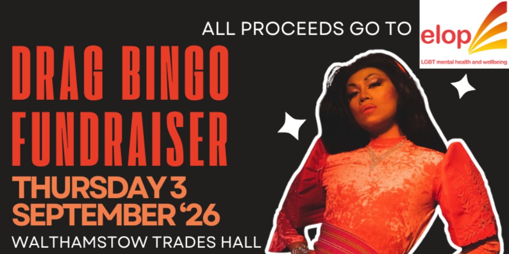 ELOP_LGBT's tweet photo. elop’s legendary Drag Bingo is returning on 3 September 2026!

Join us for music, bingo, raffle &amp; performances by Mayumi Fukiko 💅

6.30pm at Walthamstow Trades Hall 💃

Tickets can be booked here for a fun night out whilst supporting a great LGBTQ+ cause: https://t.co/1Q2AWT02da https://t.co/Ed9KF9zqSp