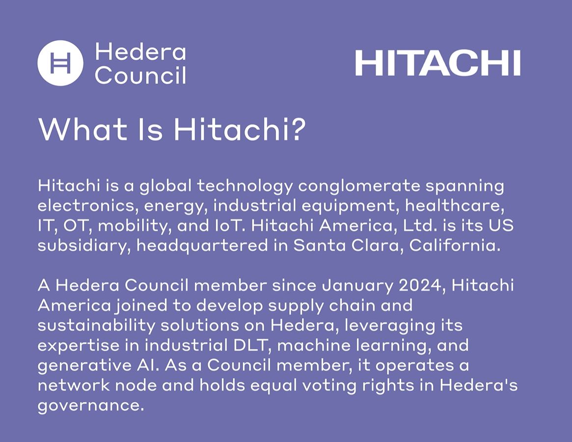 RealAllinCrypto's tweet photo. 🚨Hedera highlight one of the world’s biggest industrial tech companies who are helping govern it and building on it Hedera.

From global supply chains to clean energy and manufacturing, Hitachi is using @hedera for real-world infrastructure at scale.

This is HUGE enterprise adoption in plain sight. $HBAR