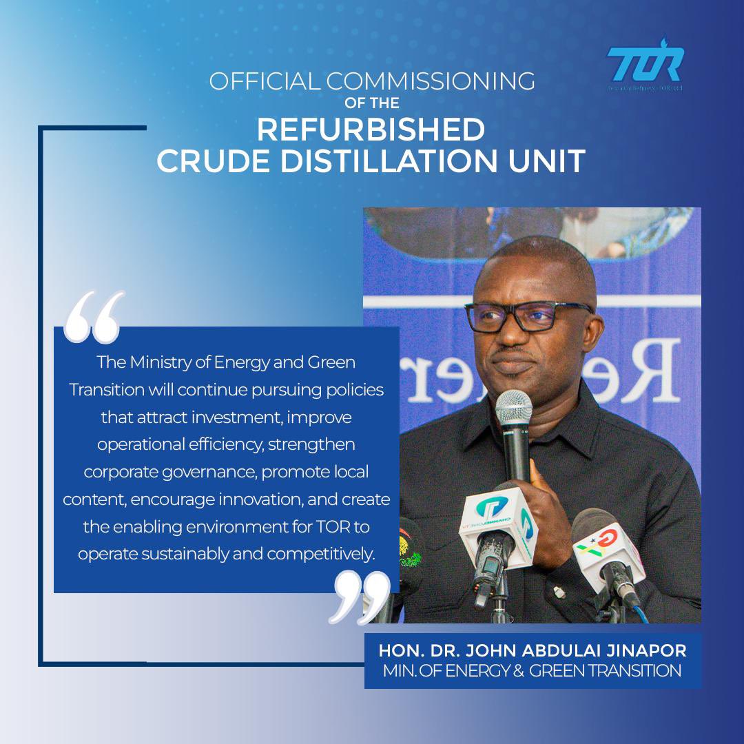 TemaOilrefinery's tweet photo. Catch a glimpse of the full speech delivered by the Minister for Energy & Green Transition, Hon. Dr. John Abdulai Jinapor, at the Official Commissioning of the Refurbished Crude Distillation Unit (CDU) at Tema Oil Refinery on 1st August 2026.
#TORIsBack
#TORReset
#GhanaEnergySecurity
#TemaOilRefinery