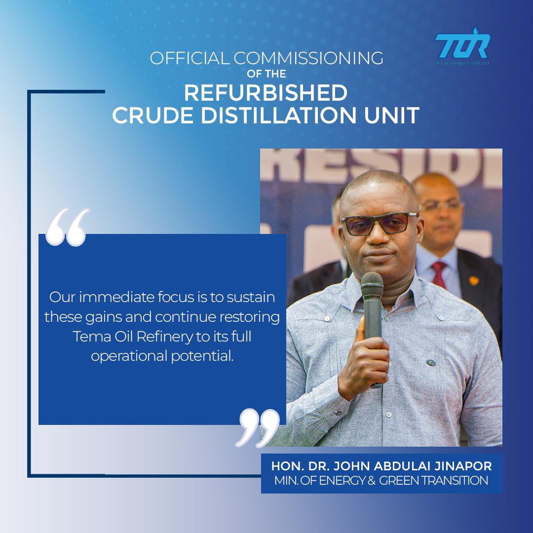 TemaOilrefinery's tweet photo. Catch a glimpse of the full speech delivered by the Minister for Energy & Green Transition, Hon. Dr. John Abdulai Jinapor, at the Official Commissioning of the Refurbished Crude Distillation Unit (CDU) at Tema Oil Refinery on 1st August 2026.
#TORIsBack
#TORReset
#GhanaEnergySecurity
#TemaOilRefinery