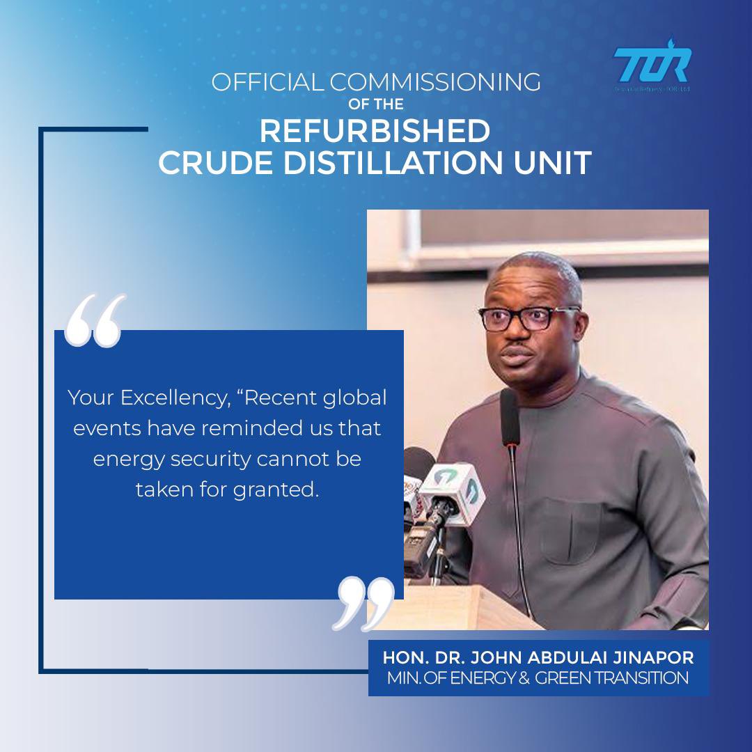 TemaOilrefinery's tweet photo. Catch a glimpse of the full speech delivered by the Minister for Energy & Green Transition, Hon. Dr. John Abdulai Jinapor, at the Official Commissioning of the Refurbished Crude Distillation Unit (CDU) at Tema Oil Refinery on 1st August 2026.
#TORIsBack
#TORReset
#GhanaEnergySecurity
#TemaOilRefinery