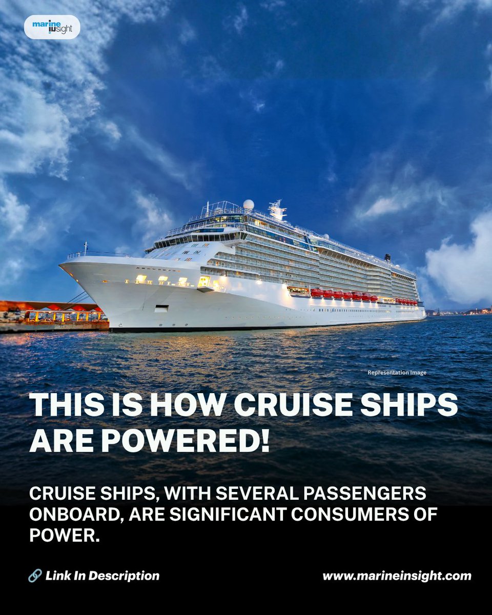 MarineInsight's tweet photo. Modern cruise ships require substantial electrical power. Discover the machinery and power-generation systems that keep these floating cities operating.
⚓Read Full Article Here: https://t.co/TzcY3n0QuW
#cruiseships #marineinsight #shiplife #shipcrew #generator #poweronboard https://t.co/sHMINXxJ1S