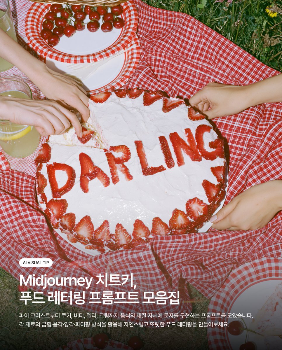 designer_hyosin's tweet photo. #SDC_TIP
Midjourney 치트키, 푸드 레터링 프롬프트 모음집🍎

푸드 레터링은 그냥 텍스트를 얹는 것보다,
굽기·음각·양각·파이핑·각인처럼 음식 
재질에 맞는 방식으로 문자를 구현하면 훨씬 자연스럽게 나옵니다.

파이, 케이크, 젤리, 과일, 빵 등 
다양한 재질별 프롬프트는 답글로 이어서 공유할게요 🍒🥧🍋