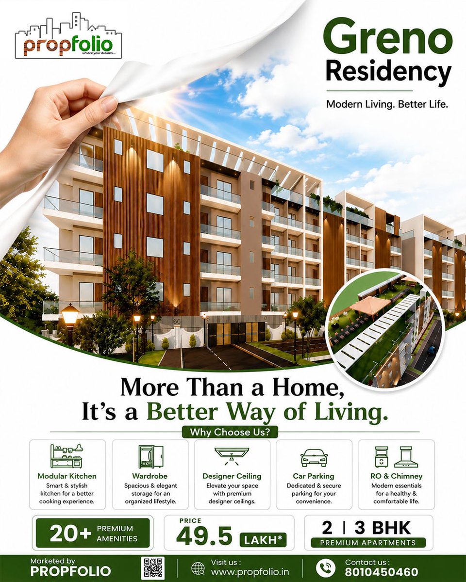 propfolio_ltd's tweet photo. 🏡 Greno Residency
Premium 2 &amp; 3 BHK apartments with 20+ amenities, modular kitchen, wardrobe, designer ceiling &amp; parking.

💰 From ₹49.5 Lakh*
📞 8010450460
🌐 https://t.co/DLjMtxJROm

#GrenoResidency #2BHK #3BHK #RealEstate #PropFolio https://t.co/RJ3oOEgTnV