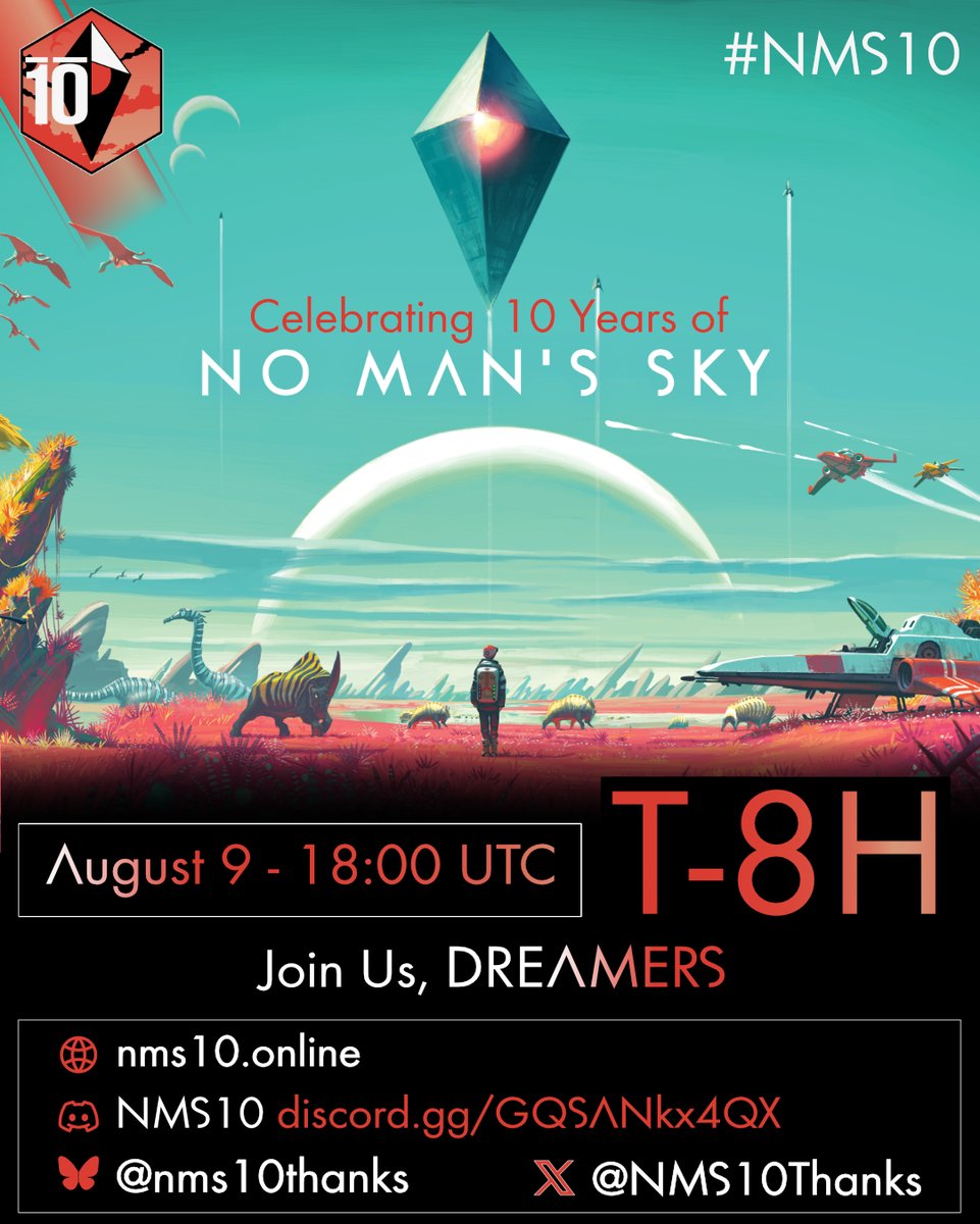 NMS10Thanks's tweet photo. 10 Years. August 9th, 2026.
Still dreaming. Together.

Today, we meet in-game.
Solo or multiplayer. Any platform.

18:00 UTC.

Let’s celebrate BIG. 
Let’s create the biggest peak we can for Hello Games.

Find community events: https://t.co/VXst56sUHB

See you in the stars.

#NMS10 #NoMansSky #HelloGames