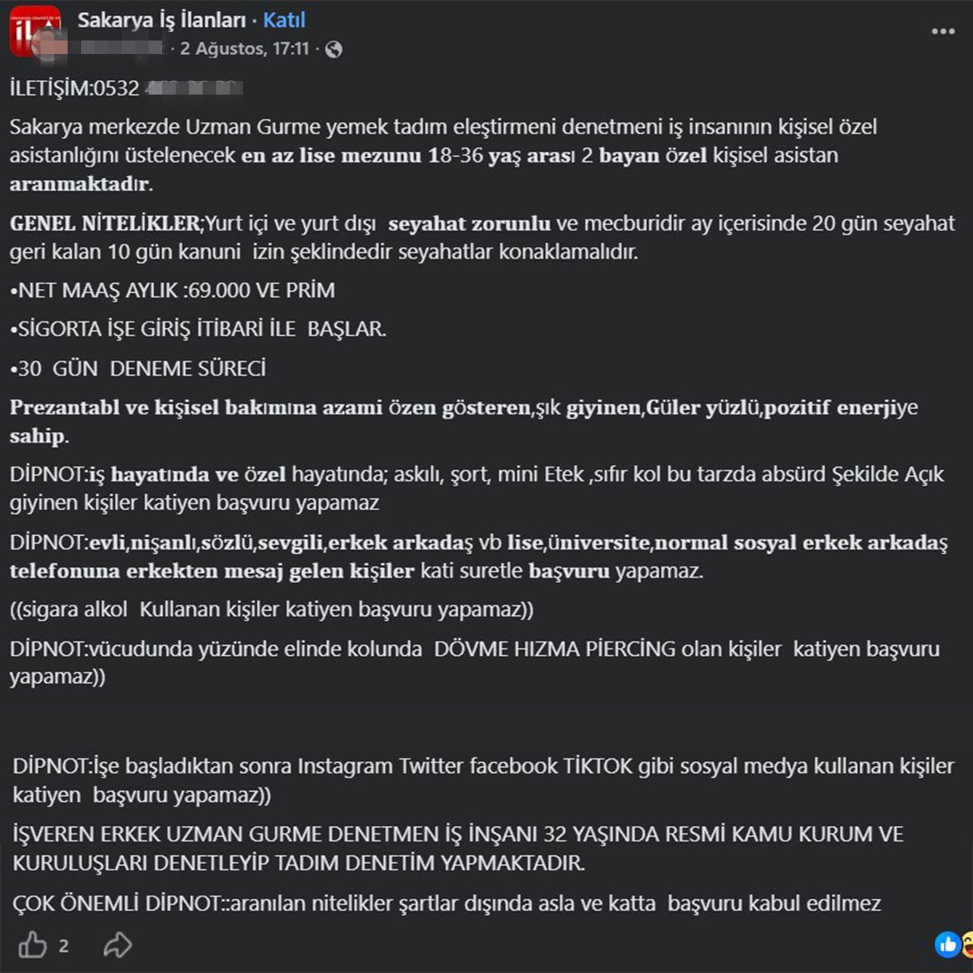 siyahsancakx's tweet photo. ⚫️ Sakarya’da 69.000 TL maaşla asistanlık için verilen bir iş ilanında, adaylardan istenen şartlar;

➖Açık giyinenler katiyen başvuru yapamaz.
➖Telefonuna herhangi bir erkekten mesaj gelen kişiler kati suretle başvuru yapamaz.
➖Sigara ve alkol kullananlar katiyen başvuramaz.
➖Dövme, hızma veya piercingi bulunanlar katiyen başvuramaz.
➖İşe başladıktan sonra Instagram, X, Facebook ve TikTok gibi sosyal medya kullananlar katiyen başvuramaz.