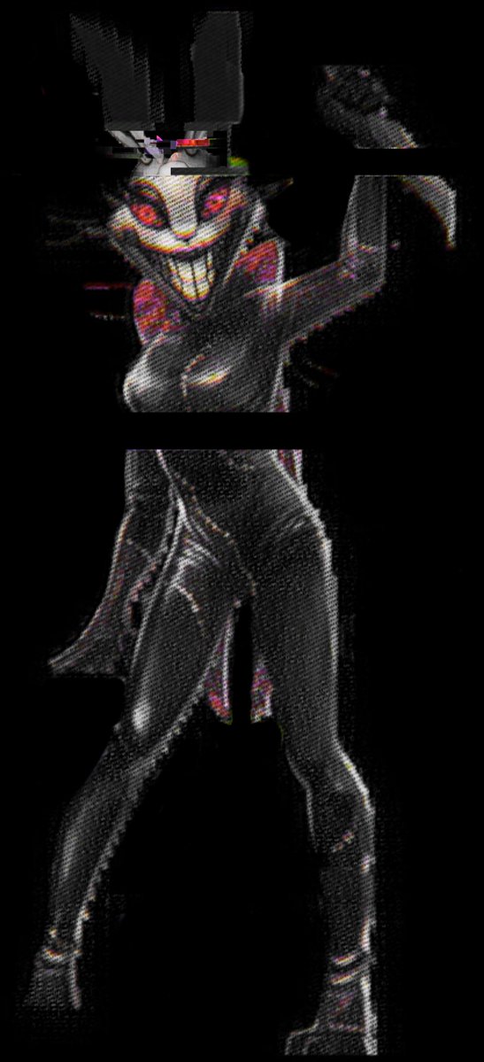 Izzyisspooped's tweet photo. Things ive noticed about the new Vanny

-a grey/black latex suit
- She is holding a dagger
- Instead of a blue bowtie she has a big red bow that goes all the way to her legs
- has stitches on the same place as SB1 Vanny has
- Brown spots on the face part https://t.co/cl1shOegl3