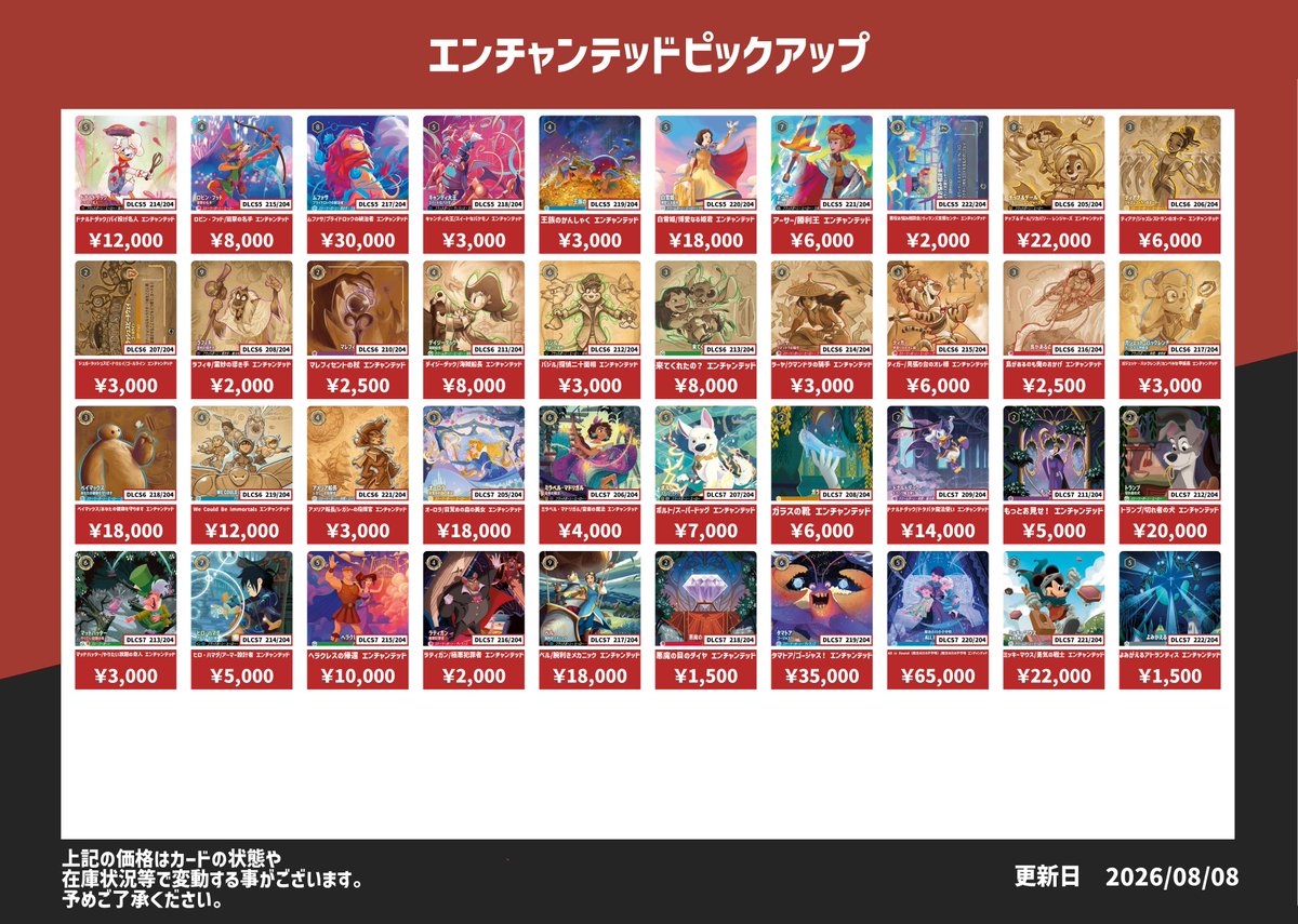 空*様 ロルカナ エンチャンテッド プロモ まとめ売り ディズニー・ロルカナ エンチャンテッド、プロモ、サプライ買取表です