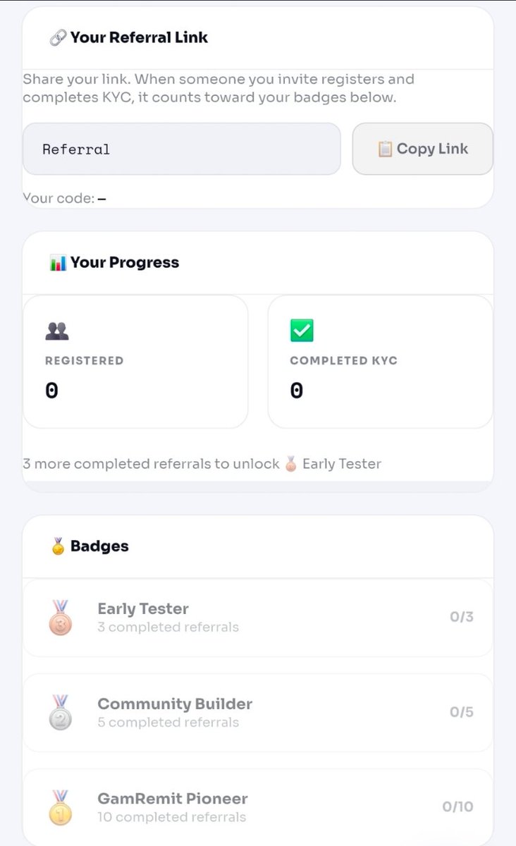 IamWeal12644247's tweet photo. 🏅 Introducing GamRemit Badges

We want to recognize the early community members helping us test, grow, and shape GamRemit.

🥉 Early Tester.
🥈 Community Builder.
🥇 GamRemit Pioneer.

Be part of the journey. 
Get recognized for your contribution.

https://t.co/GEAPz3CeoH https://t.co/YICZTZVZZJ