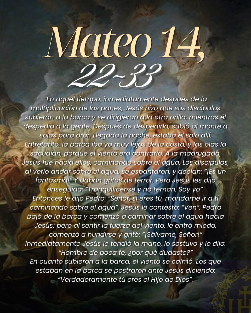 nazarenovall's tweet photo. #EVANGELIODELDOMINGO :

“Hombre de poca fe, ¿por qué dudaste?” En cuanto subieron a la barca, el viento se calmó. Los que estaban en la barca se postraron ante Jesús diciendo:
“Verdaderamente tú eres el Hijo de Dios.”

📖{Mt. 14, 22-33} https://t.co/eLMahjvoD1