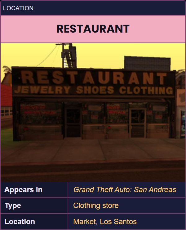 GTAWikiOfficial's tweet photo. RESTAURANT
(Jewelry Shoes Clothing) https://t.co/webkEkhm3S