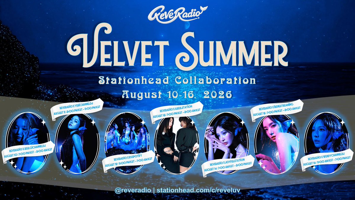 ReVeRadio's tweet photo. [VELVET SUMMER STATIONHEAD COLLABORATION]

Reveluvs, are you ready to 𝑩𝑶𝑺𝑺𝑨 with us some more?

We are continuing our 24/7 #VelvetSummer streaming party, this week accompanied by the lovely member stations! 

📅 August 10-August 16 2026
🎧 https://t.co/A6o6YI7ov4

Check out the schedule below!
See you all soon🩷💛🩵💚💜

With love,
Red Velvet Stationhead Union

#RedVelvet #레드벨벳
#RedVelvet_VelvetSummer #SurfinBoy