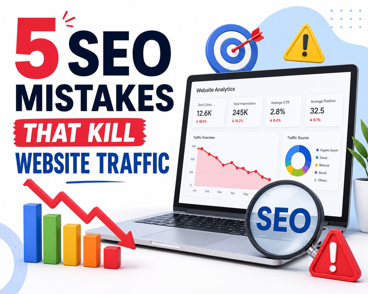 BatoolKouser's tweet photo. Your website may be losing traffic because of simple SEO mistakes.

5 common SEO mistakes that can hurt your rankings and organic traffic.

Want the full list with simple fixes?

👇 Comment “SEO” &amp; also like and follow.

I’ll DM you the 5 mistakes and how to fix them. https://t.co/hfdy2TsPtJ