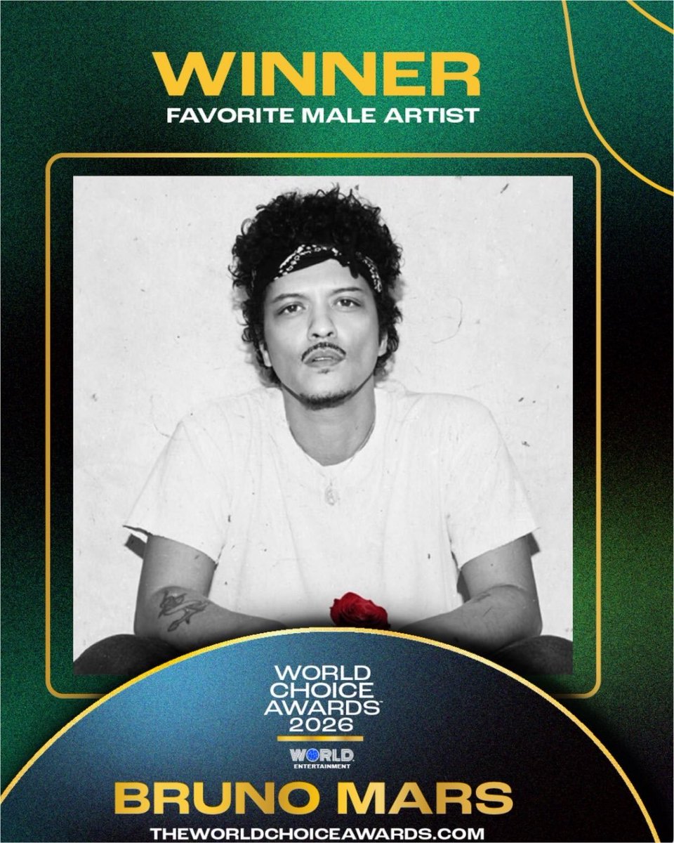 BrunoUpdatesIT's tweet photo. Bruno Mars ha vinto il premio come "Artista maschile preferito" ai World Choice Awards 2026. ✨ https://t.co/TcmQM8s1uF