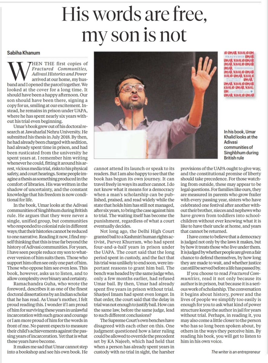 kaushikrj6's tweet photo. "His Words Are Free, My Son Is Not"

Umar Khalid's mother writes in today's Indian Express. https://t.co/Bol65yIBG4