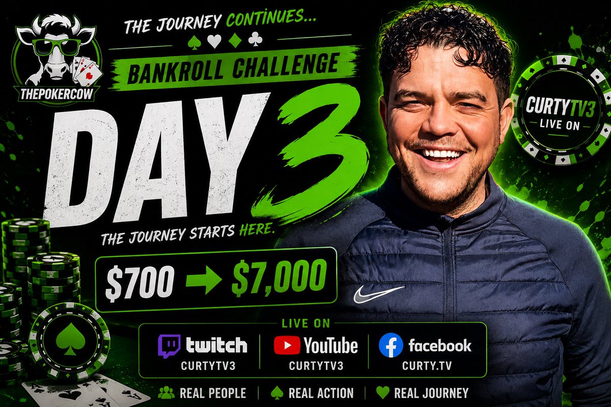 CurtyTV3's tweet photo. Day 3 👀

Back live today at 3pm for Day 3 of the bankroll challenge.

We’re live with no delay, so come in and say hello! The best viewing experience will be over on Twitch.

$700 → $7,000… let’s see what happens. 😂

#Poker #BankrollChallenge #CurtyTV3 #MTT #PokerCommunity https://t.co/ysoNQXk4zs