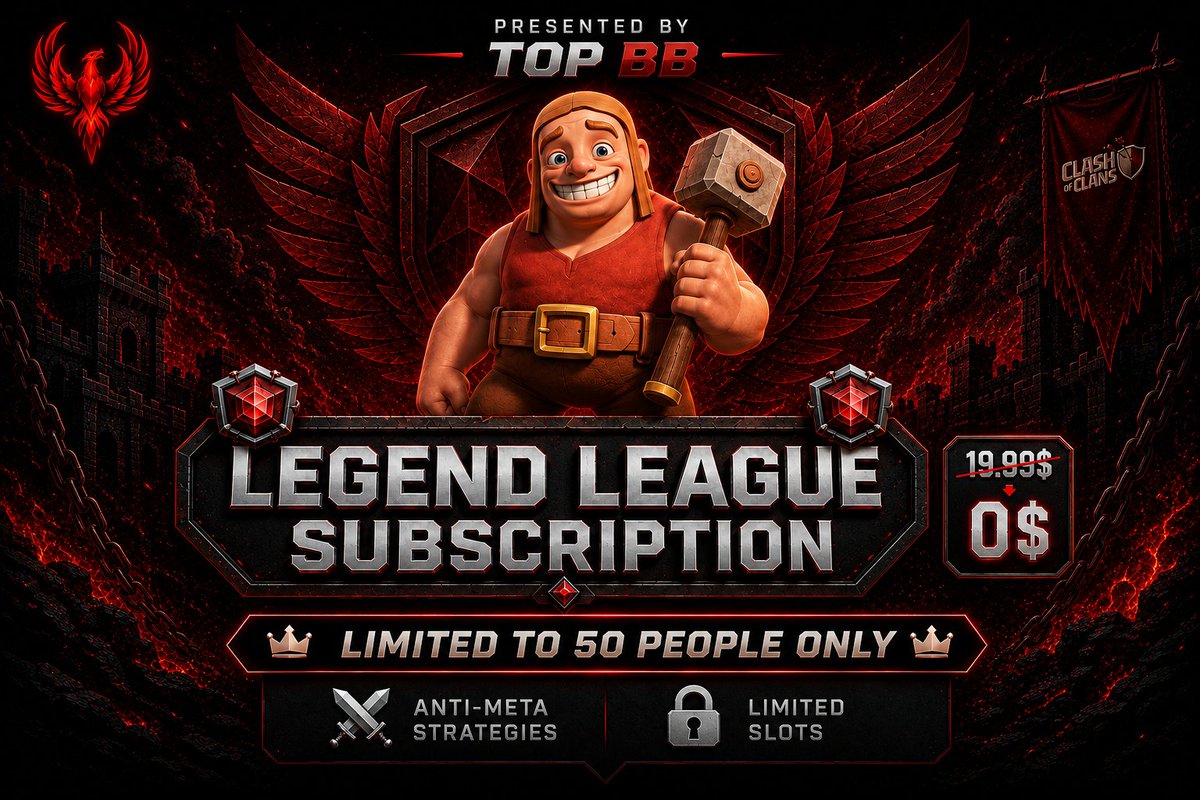 TOP_BASE_COC's tweet photo. We are officially launching TOP BB, your ultimate destination for top-tier Clash of Clans layouts. 🏆

🎁 SEASON 1 IS 100% FREE ($0)
⚠️ LIMITED TO THE FIRST 50 PEOPLE ONLY!
🚫 STRICTLY FOR LEGEND 1 ONLY!

Built by:@MoroBis_COC
Conquer the meta now! 👇
🔗 https://t.co/mfphI2X6mz https://t.co/Z3LgZ3SOR4
