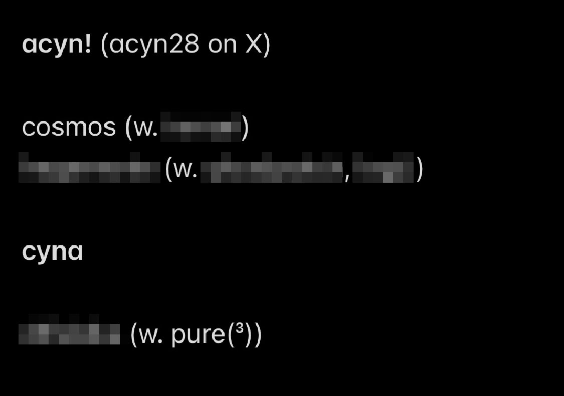 cynachrome's tweet photo. here are songs I’m apart of that will likely release in 2026, and under which alias (alt = acyn!, main = cyna). i unfortunately can’t give more information than that, my apologies 😭 https://t.co/Dbpcx5l1RG
