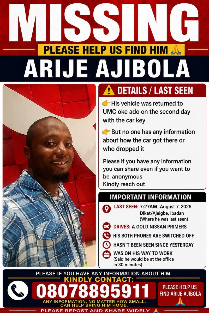 YeyeOba001's tweet photo. #Missing

My husband believed so much in this country, He said No place like home, I begged him to let us stay back but he insisted. I followed him back home and He chose Ibadan, My husband said Ibadan is peaceful and safe. 

People of Ibadan please help me look for my husband. Esanu mi🙏
He is gentle and calm.

It's day 3 already🙏

#copied