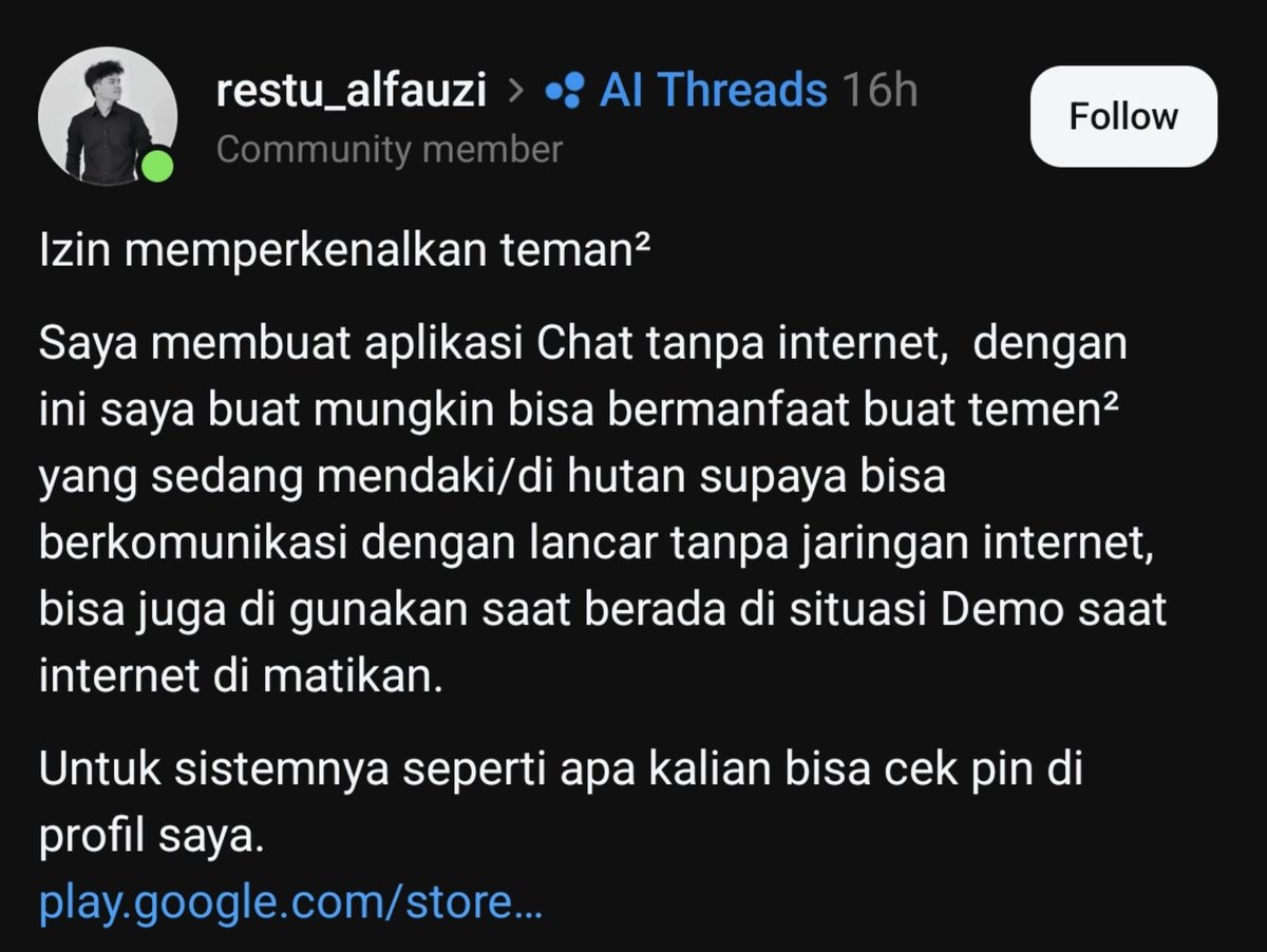 MiskinTV_'s tweet photo. Wah keren banget ni penemuan mas Restu Alfauzi. Chat tanpa Internet. Sangat berguna ketika kita ada dalam keadaan susah sinyal, spt di hutan atau kondisi demonstrasi.

Yang penasaran bisa langsung download di playstore.

Penjelasan bagaimana aplikasi ini bekerja, bisa liat di postingan beliau di threads.