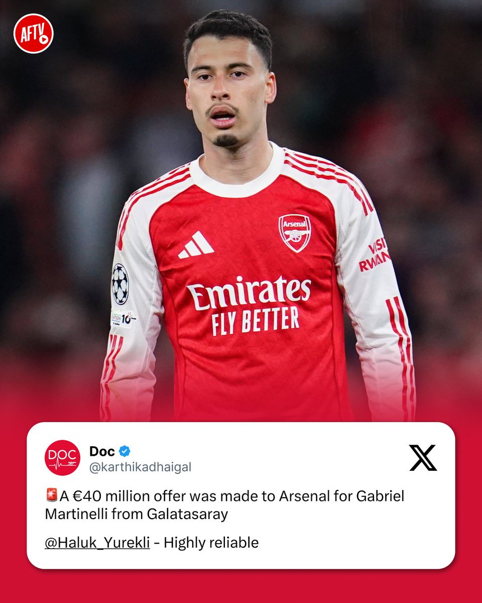 AFTVMedia's tweet photo. 🚨 Galatasaray have made a €40 million offer to Arsenal for Gabriel Martinelli. 💰

Would you let him go this summer if the right offer came in? 🤔 https://t.co/8Bl2uBU8qm