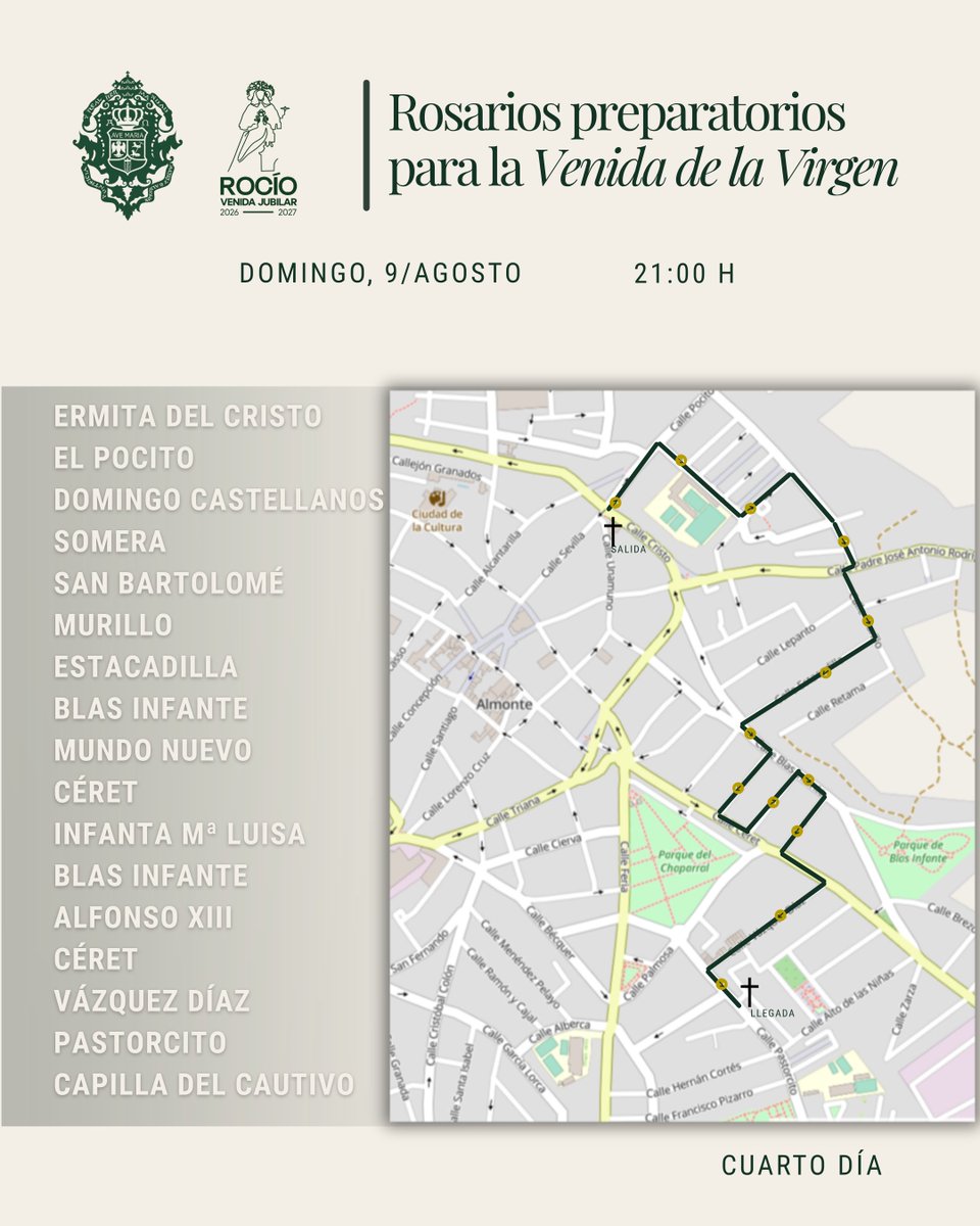 hdadmatrizrocio's tweet photo. Continuamos esta tarde nuestro camino de oración por las calles de Almonte, preparándonos para la Venida de la Virgen.

La cuarta jornada partirá desde la ermita del Cristo y concluirá en la capilla de Ntro. Padre Jesús Cautivo.

🕘 21:00 horas

Compartimos el recorrido previsto para hoy.

#VenidaRocío26 #MatrizDeAlmonte