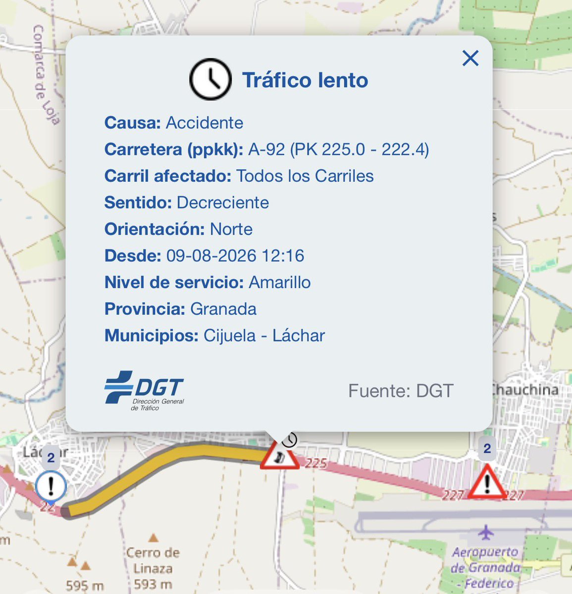 Asvogra's tweet photo. ❗️Ojo❗️Precaución⚠️ conductores que vayan por #A92 dirección Málaga/Sevilla hay retenciones por accidente de tráfico a la altura de #Cijuela km225-222.4 y coche detenido #Lachar
@DGTes @E112Andalucia @EmergenciasGRX https://t.co/6YPdHgJH2a