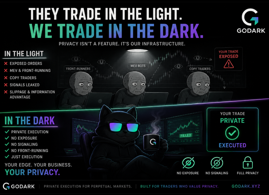 beatrikgg's tweet photo. They trade in the light. We trade in the dark. 

Exposed orders. 
MEV. Front-running. 
Copy traders. 
Leaked signals.

Why broadcast your strategy when you can keep it private?

@GoDark #GoDark https://t.co/IdDiC25lou