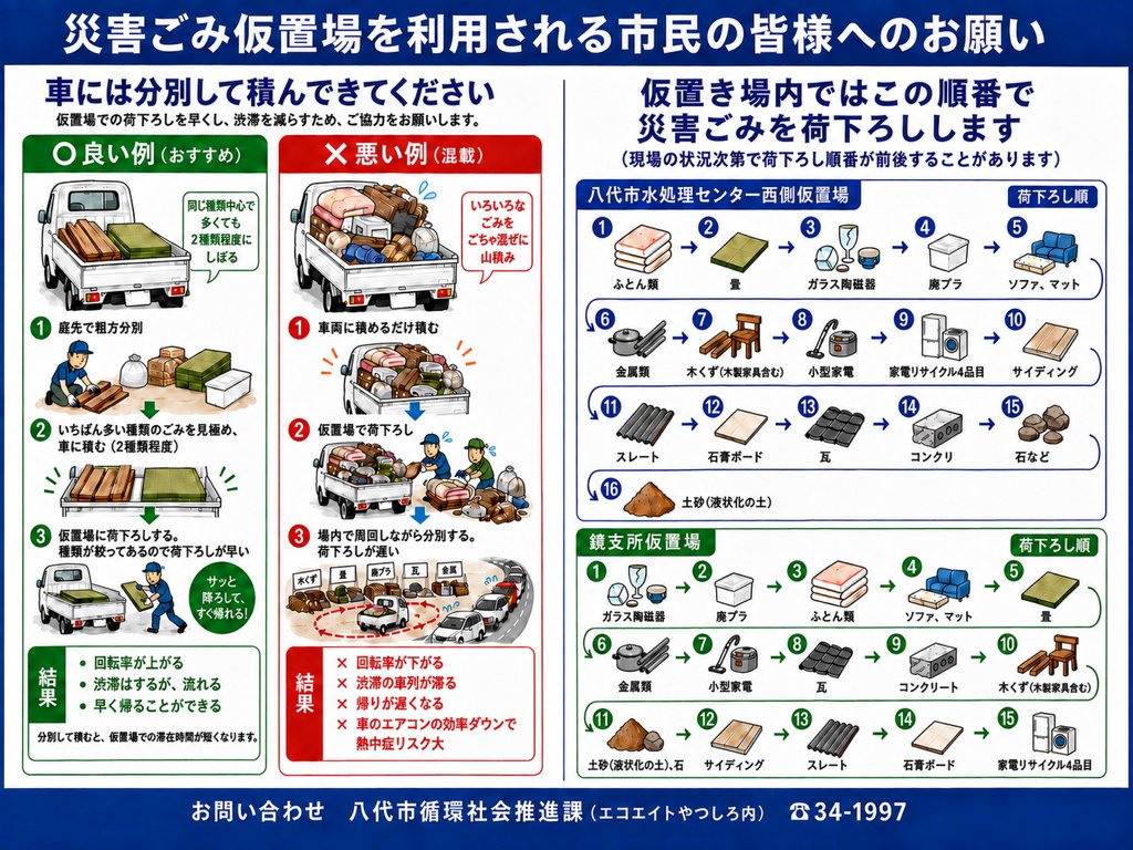 yatsushiro0801's tweet photo. 【明日8/10から災害ごみ仮置場を新たに鏡支所に開設します】その３
以下の図の順に荷下ろしします。積載順の参考にしてください。
今後、別の場所に新たな仮置場（鏡町内予定）を開設準備中です。
※受入品目など詳細については、以下のＨＰをご参照ください。
https://t.co/5XGhkMXsWb https://t.co/rZgdUKHFK7