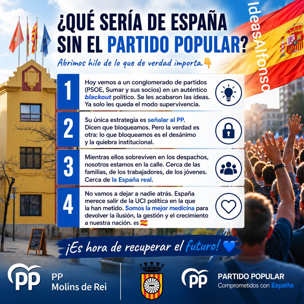 IdeasAlfonso's tweet photo. 🫵
@PPMolinsdRei 
@ppopular 
Vamos a intentar no dejar nadie atrás.  Nuestro Ayto +🇪🇦 se merece salir de la UCI política en la que sean metido.
Somos la mejor medicina para devolver la ilusión , gestión y el crecimiento a nuestros conciudadanos . https://t.co/RZp8RVn1xE