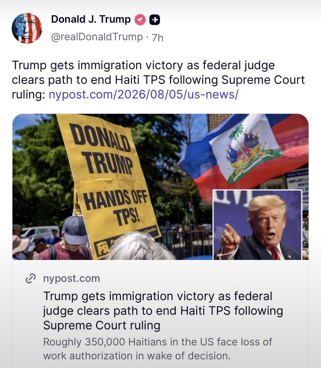 EpsteinShe63533's tweet photo. 🚨 BIG WIN FOR AMERICA

A federal judge has officially cleared the path to END Haiti TPS following the Supreme Court ruling.

Roughly 350,000 people who were living and working here under “temporary” status are now facing the end of that protection.
Temporary means temporary.

Not permanent. Not forever. Not a backdoor to stay no matter what.

This is what enforcing the law looks like.
This is what putting American workers and communities first looks like.

The open-borders crowd is already screaming. Let them.

President Trump is delivering on immigration enforcement, one court win at a time.
Keep going.