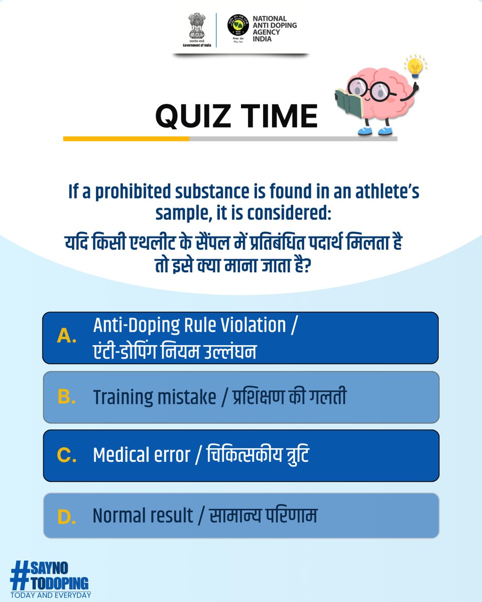 NADAIndiaOffice's tweet photo. Do you know what it means when a prohibited substance is found in an athlete’s sample? 

Test your anti-doping knowledge and choose the correct answer

Participants who answer correctly will get a chance to be featured on our official page.
#Quiz #Athlete https://t.co/o8vD1fZ3Da