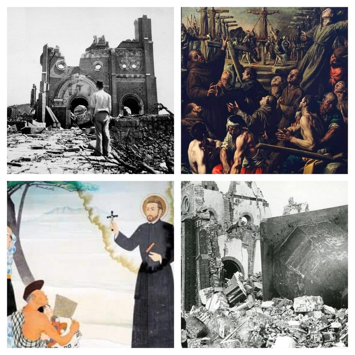 CatholicArena's tweet photo. August 9th, 1945

The home of Christianity in the East was obliterated in seconds when an Atomic Bomb was dropped on Nagasaki, Japan.

The city had a long and mystical relationship with the Catholic faith since 1549, since Saint Francis Xavier arrived at Kagoshima in Japan. The great Jesuit brought with him teachings of Christ and the Catholic faith.

The initial years of Japanese Christianity were a success and brought many baptisms and conversions. The Jesuits continued the success they experienced in other areas into the city of Nagasaki. So prolific were they in inspiring the Nagasaki people to follow Christ that the area became known as 'Little Rome'

The Japanese converted to Catholicism in droves, estimates state that 130,000 had converted by 1579

It was at that time the largest non European ruled Christian nation. The Jesuits, joined by Franciscans and Dominicans, won over locals

Domestic tensions would soon impinge upon this success

A ban on the Jesuits in 1587 arose from Japanese native Toyitomi Hideyoshi, hoping to stamp out the influence of Christianity and the Jesuits in particular, upon the Japanese. Incidents like the San Felipe, where it was alleged Jesuits were a precursor to invasion, only made the situation worse

In 1597, the Japanese church began the first of its many sufferings, when executions took place of the men who became the 26 Martyrs of Nagasaki. Like Our Lord, these men were crucified and pierced with spears

In 1615, Christianity was completely prohibited from Japan and missionaries were ordered to leave. Many stayed, even though persecutions followed. On September 10th 1622, 56 Christians were burned alive or beheaded at Nagasaki

The following centuries were equally bleak for Christians in Japan

Many tried to live their faith in secret but were forced to trample on an image of Christ or Mary once a year to prove that they were not secret Christians

Despite their great suffering and lacking priests to say Mass, the underground Church of Nagasaki saw Christians keep their faith from generation to generation

In 1865, after Japan had been reopened to non natives, a French priest named Bernard Petitjean was approached by some of those remnant Christians

One of them whispered that she believed as he did and asked to see an image of the Virgin Mary. The priest was stunned to find that they'd baptised their children for centuries and kept the faith

Most of the hidden Christians of that area were from the Village of Urakami

In thanksgiving for the Lord's presence, they decided to build a Cathedral on the grounds of the land where they had been forced to trample on Our Lady's image. The Church of the Immaculate Conception that was built there was the biggest in East Asia

The Cathedral was completed in 1925, a sign of hope for Christians leading in to the future. By 1945, the majority of Japan's blossoming Catholic Church lived in Nagasaki 

After 250 years of exile, Japanese Christians finally had reasons for optimism

August 9th 1945, as local Catholics prepared for the Feast of the Assumption, the pilots of the Boxscar were instructed to look for the spire of the Urakami Cathedral as they dropped the 'Fatman' bomb

Under orders from Harry Truman, a Freemason, the 2nd Atom Bomb in 3 days dropped. The destruction was unimaginable

Fulton Sheen would later associate the viciousness of the atomic bomb attacks with the moral disorder of the world afterwards, seeing it has having opened up a new system where ends justified the means in all circumstances and man was capable of using technology to inflict hell on Earth

The bombing in Nagasaki happened at 11.02 am as many attended Mass

In the death toll

-8,500 of the 12,000 Christians
- 3 separate orders of nuns 
- An entire Catholic school

There were stories of nuns singing as they made their way through the streets after the blast, many dropping dead on the street as they did so

Christians now make up less than 1% of the Japanese population