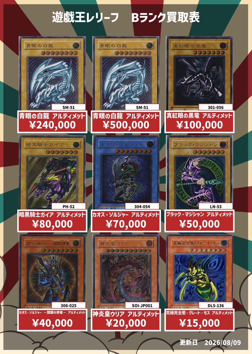 遊戯王.Bランクの買取表になります💁🏻💹 傷ありでもサーカスは高額