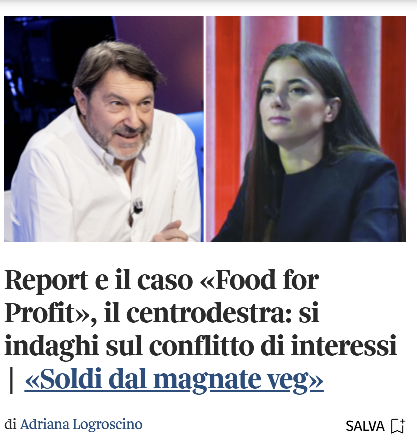a____capo's tweet photo. Ancora #Corriere contro #Report:
- spazio alle accuse del cdx, "conflitto d'interessi", ma non intervistano l'opposizione
- "soldi del magnate veg": 5k su 350k, l'1,4%
- nel titolo non c'è la replica di #Ranucci e #Innocenzi, nascosta nel pezzo a pagamento.
E intanto infangano. https://t.co/DIdFHQ6OcS