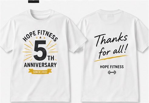 kigure_trainer's tweet photo. ジム5周年記念Tシャツのデザインを作成しています。
トレーニングの時にジムで着たり家の近くに外に出る時に気軽に着られるデザインがいいかなと考えています。 https://t.co/ZzGC2vXlZ0
