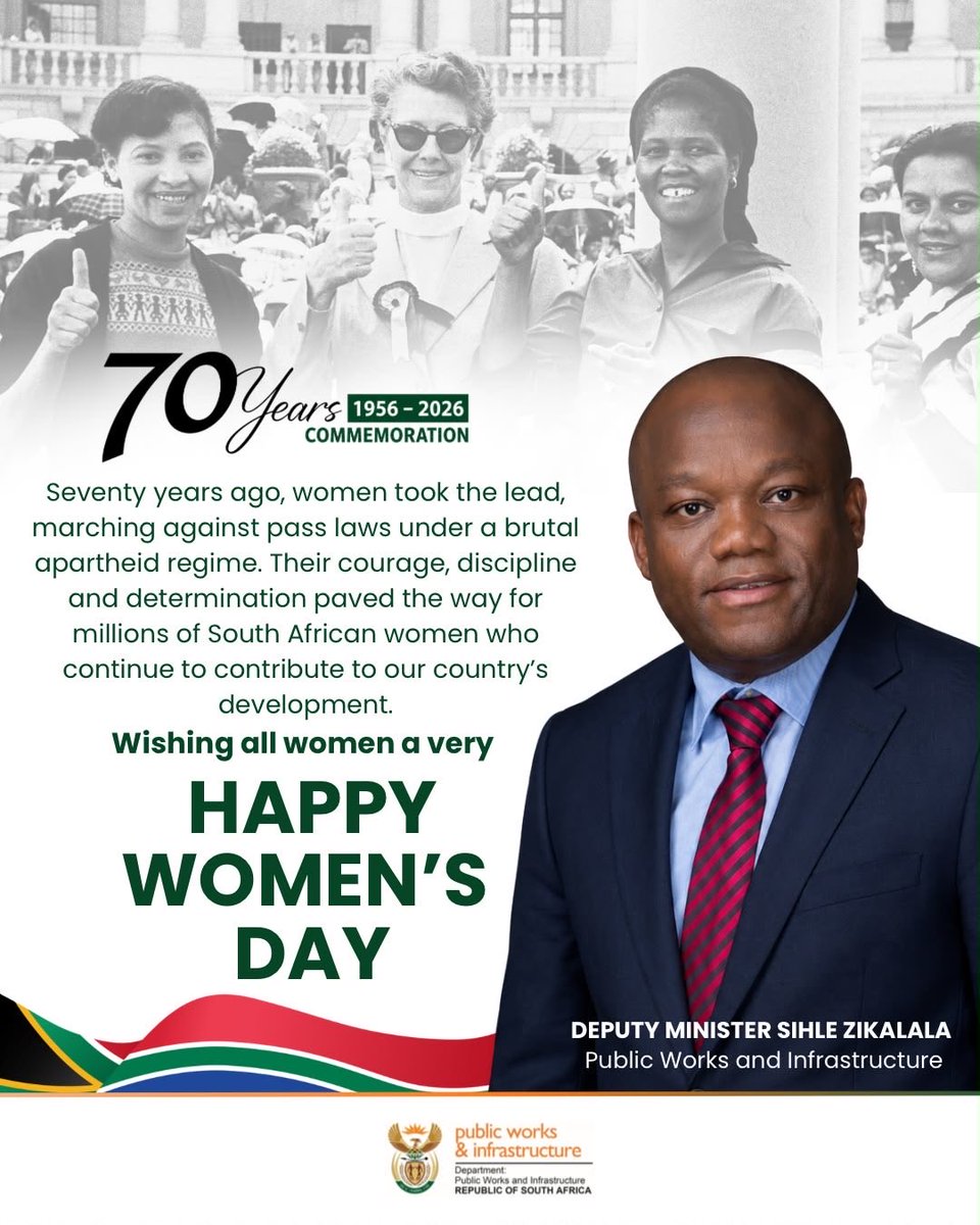 DepartmentPWI's tweet photo. HAPPY WOMEN'S DAY 

Seventy years ago, women took the lead, marching against pass laws under a brutal apartheid regime. 

Their courage, discipline and determination paved the way for millions of South African women who continue to contribute to our country's development.

Wishing all women a very!

#WomenMonth2026 
#Womensday 
#Malibongwe 
@sziks