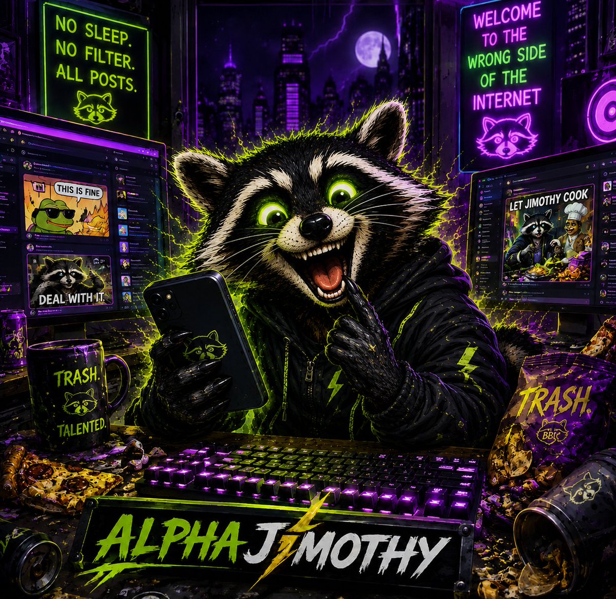AlphaJimothy's tweet photo. well… the raccoon found X. 🦝⚡ welcome to the wrong side of the internet. let jimothy cook. https://t.co/Avo9dFXx3i