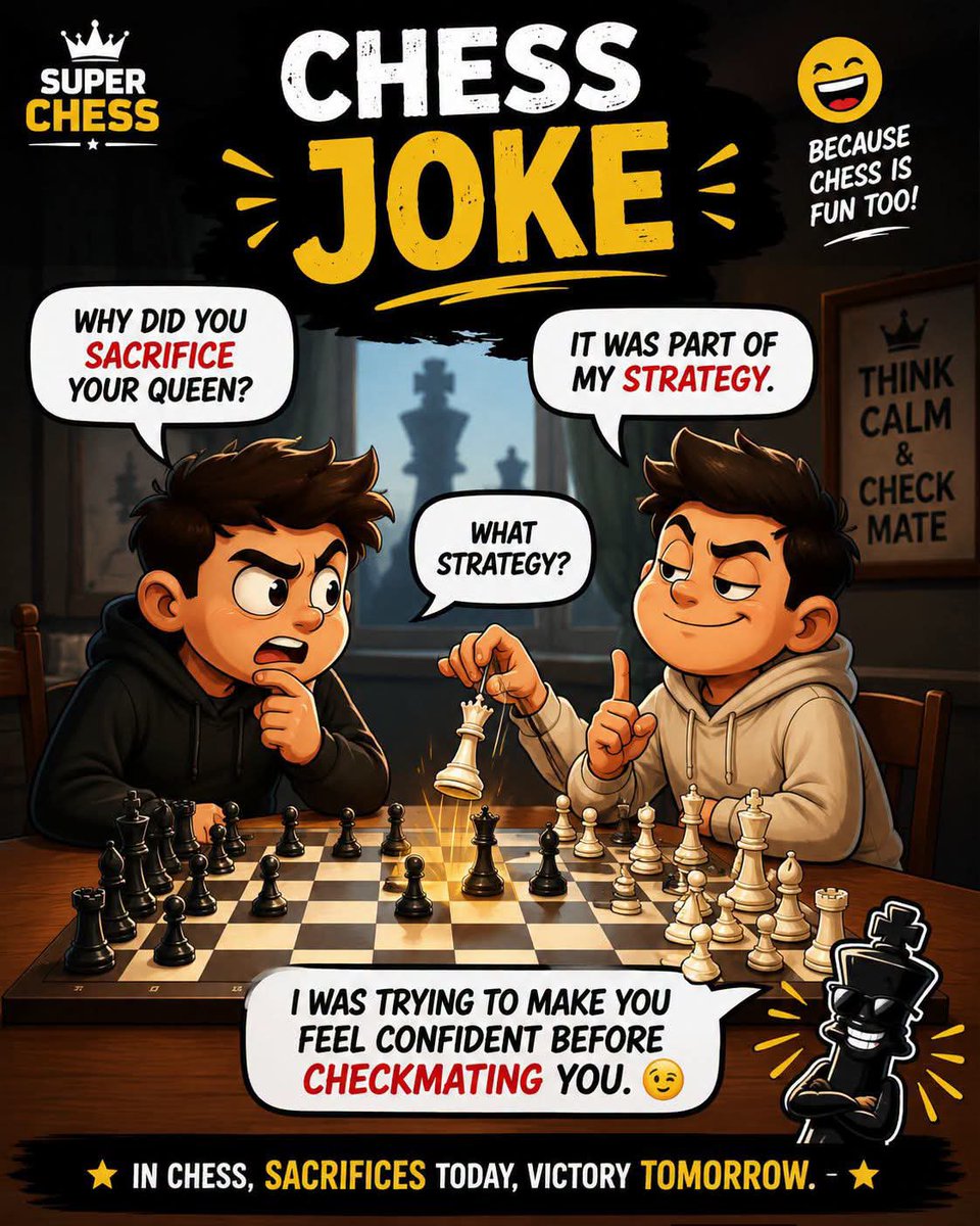 Suleimanthoya's tweet photo. ♟️ Sometimes losing your Queen is not a mistake…
It’s just part of the plan! 😂

“Why did you sacrifice your Queen?”
“Because I wanted you to feel confident before I checkmated you.” 😎♟️

#Chess #ChessComedy #ChessJokes #ChessLife #SuperChess https://t.co/MPj6dbXtgl