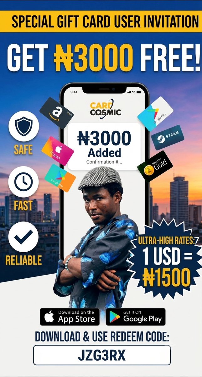 peco4cash's tweet photo. What is the referral code for CardCosmic? Use JZG3RX when signing up! This exclusive code unlocks a free ₦3,000 bonus to kickstart your trading journey. Don't miss out! 🎉 #PromoCode #FreeNaira https://t.co/gFizEJEdVH