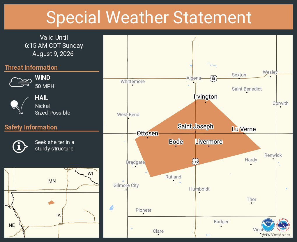 NWSDesMoines's tweet photo. A special weather statement has been issued for Livermore IA, Bode IA and  Lu Verne IA until 6:15 AM CDT https://t.co/VasrlWbiJj