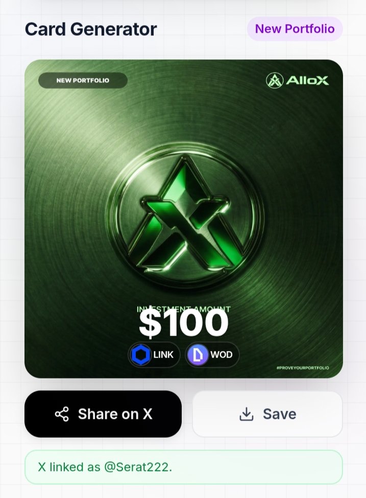 Serat222's tweet photo. Investment Amount: $100
🔗 Assets: LINK + WOD
📊 Building a diversified portfolio with a focus on potential growth and smart asset allocation.
#AlloX #Portfolio #Crypto #LINK #WOD #Web3 #DeFi #CryptoInvesting https://t.co/6QHPO8kC7c