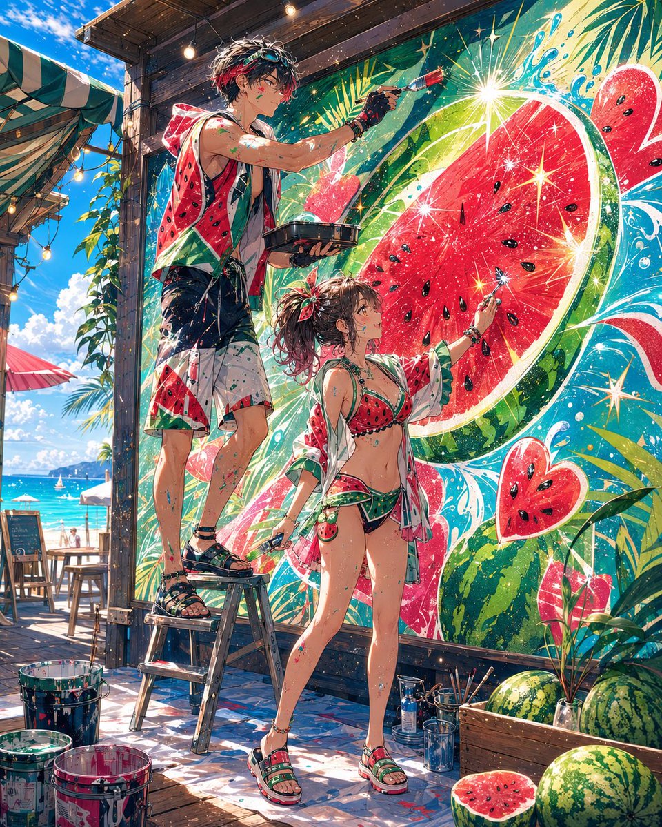ArchiveAI_log's tweet photo. 真夏の看板制作🍉✨

二人でスイカアートを仕上げ中。
最後のひと塗りまで、キラキラに。

#AI夏のスイカップ2026 https://t.co/SWOVtYCtvS