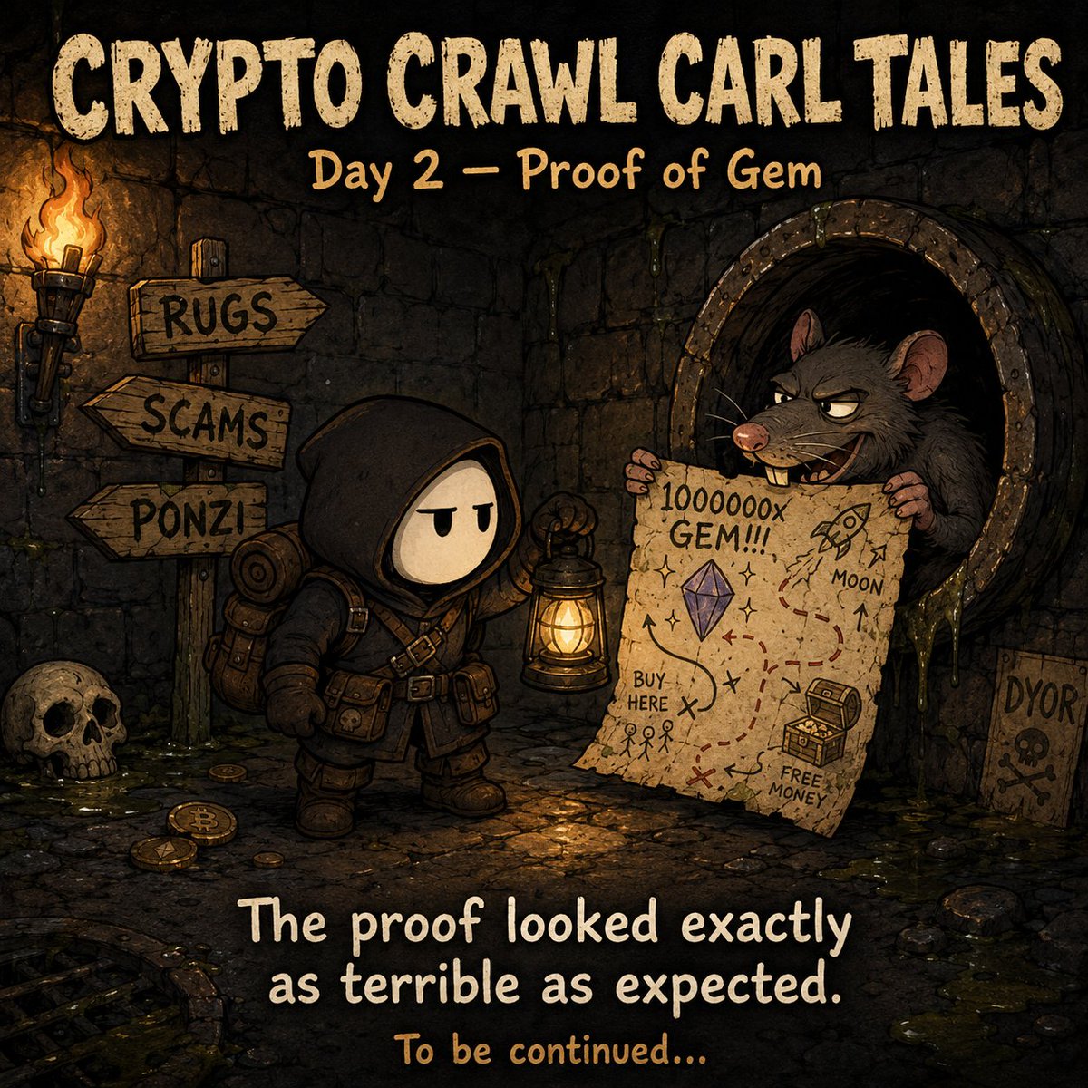 CryptoCrawlCarl's tweet photo. Crypto Crawl Carl Tales — Day 2
Proof of Gem

The rat returned with evidence.

A hand-drawn map.
A purple diamond.
Three rockets.
“FREE MONEY” written in the corner.

Carl studied it carefully.
No team.
No utility.
No explanation.
But it did say 1,000,000x.
So technically, the research was complete.

To be continued.