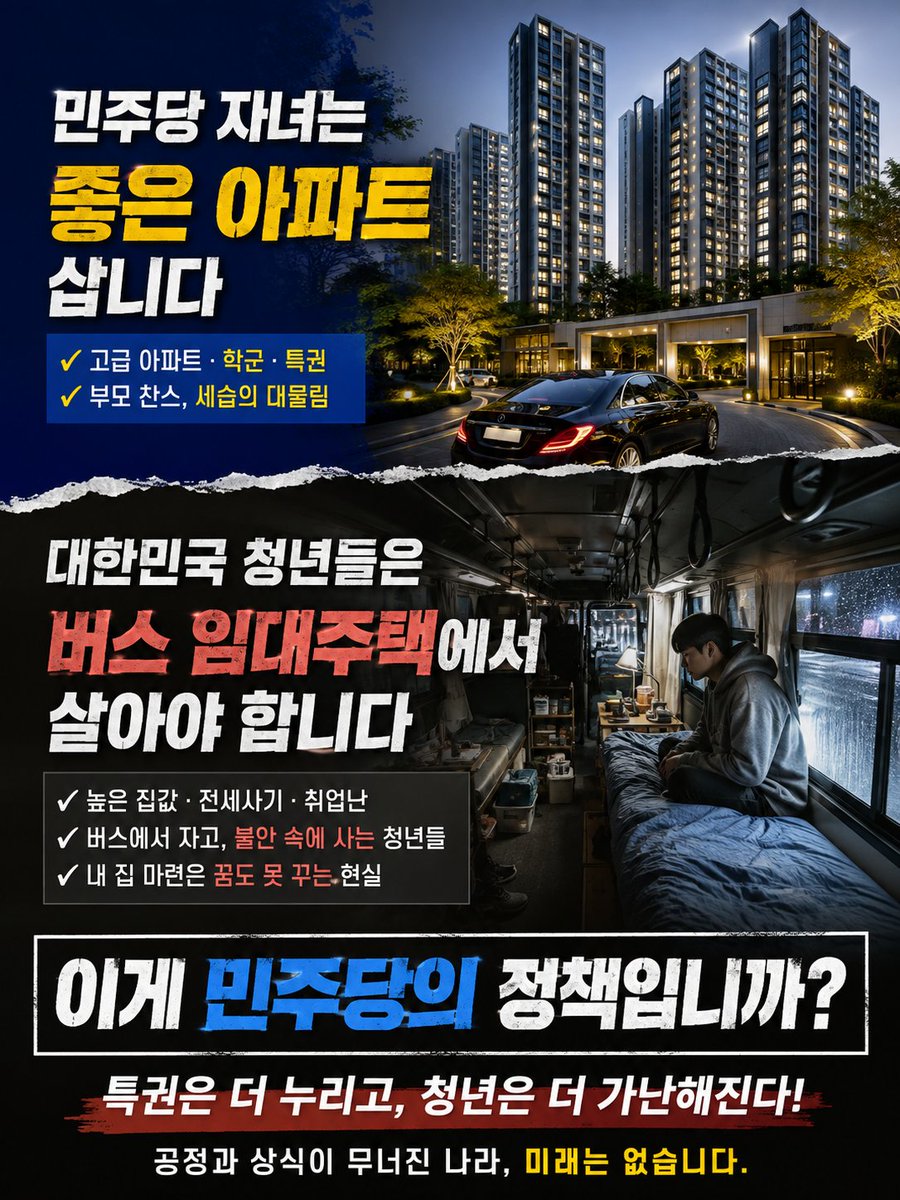 oopa1203's tweet photo. 민주당의 부동산 철학

본인 자녀들은 좋은 아파트에서 살아야하고

대한민국 서민 청년들은 폐버스 임대주택 같은곳 살으라는 민주당 나리들 https://t.co/YskkyvaE4g