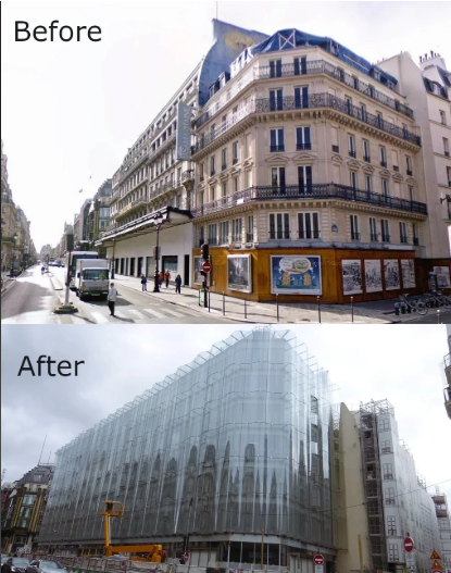 FredGaulois's tweet photo. Il parait que c'est le progrès!
Voici la façade de la Samaritaine côté rue de Rivoli avant et après "rénovation" :
Voilà ce qui nous attend avec le pavillon d'accueil de l'AN, un truc moche et cher!