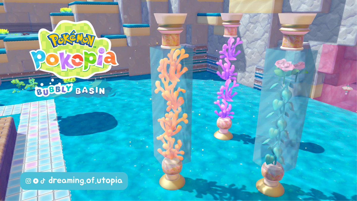 HorizonUtopia's tweet photo. Rose/coral crystal columns, coral column ideas #pokopia #pokemonpokopia #pokopiaupdate #bubblybasin #nintendoswitch2 #pokemongame https://t.co/BCZ031FHUi