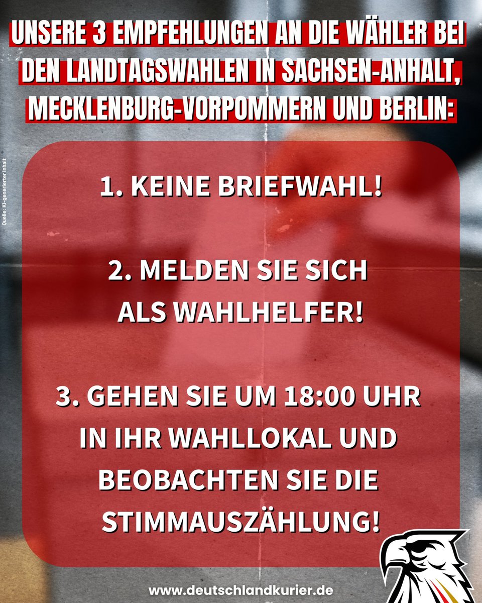 Deu_Kurier's tweet photo. 🚨UNSERE 3 EMPFEHLUNGEN AN DIE WÄHLER BEI DEN LANDTAGSWAHLEN IN SACHSEN-ANHALT, MECKLENBURG-VORPOMMERN UND BERLIN⚠️ 

1. KEINE BRIEFWAHL‼️ 

2. MELDEN SIE SICH ALS WAHLHELFER‼️

3. GEHEN SIE UM 18:00 UHR IN IHR WAHLLOKAL UND BEOBACHTEN SIE DIE STIMMAUSZÄHLUNG‼️ https://t.co/r79qIeIWn1